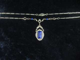 Vintage Sadie Green Necklace Blue Stone Filigree Art Nouveau Deco 