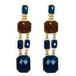  Gold Tone Drop Earrings with Blue and Brown Emerald Cut 
