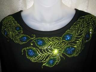 Rhinestone PEACOCK FEATHER Scoop Neckline Top~ Sparkle Bling Shirt 