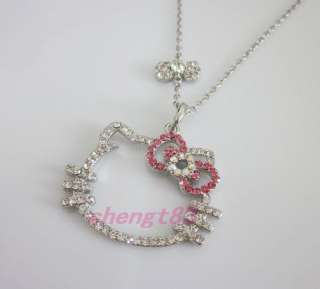   pink bow crystal pendant chain necklace eT15 kids lover gift  