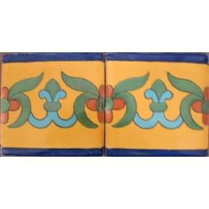  Mexican Talavera Tile Mustard Blue Border Design 2313 4x4 