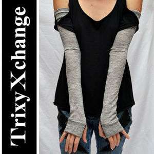 HAND MADE EXTRA LONG ARM WARMERS GLOVES BAND Grey Sweater Knit 