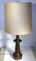   STIFFEL TABLE LAMP AGED ANTIQUE BRASS RETRO LINEN WRAPPED DRUM SHADE