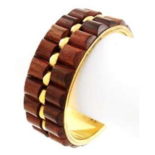 gold tone brown wood bangle bracelet