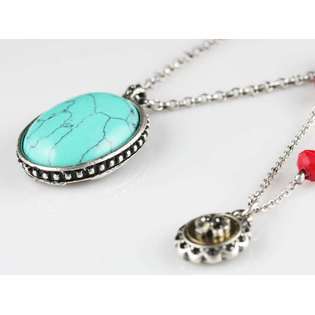 Leaf Clover Turquoise Stone Red Bead Silver Necklace  Banquet 