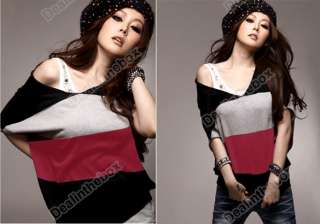 Women V neck Wide Stripe Batwing Sleeve Top Blouse Off Shoulder Sexy T 