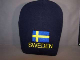 Sweden Swedish Flag Knit Beanie Hat Embroidered  