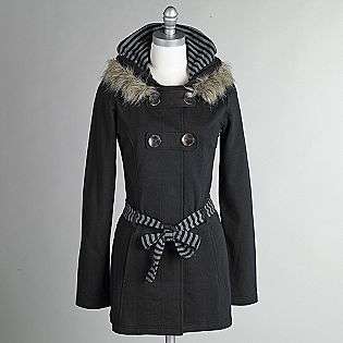 Juniors Faux Fur Trim Hooded Trench Coat  Self Esteem Clothing 