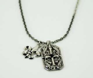 Fashion Necklace Silver Chain w/ Cross & Fleur De Lis  