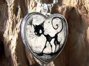 Black Cat & Moon Halloween Heart Horror Sterling Silver Pendant 