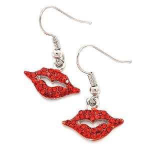   Silvertone Red Rhinestone Lip Dangle Earrings Fashion Jewelry Jewelry