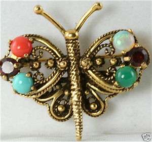 VINTAGE 14K GOLD FILIGREE CORAL OPAL + BUTTERFLY PIN  