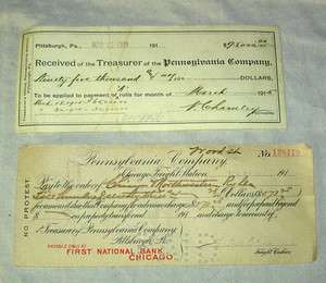1911 CHECK & 1915 RECEIPT FROM THE PENNSYLVANIA CO. RR  