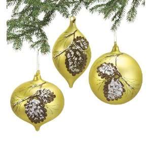  Large Golden Glass Holiday Tree Ornaments with Detailed Pine Cone 