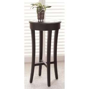 Round Accent Table Inlaid Beveled Mirror Top Matte Black Finish Wood 