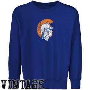   Royal Blue Distressed Logo Vintage Crew Neck Fleece Sweatshirt Sports
