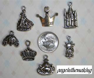 LEAD FREE Silver Princess 7pc Charm LOT Castle Carriage  