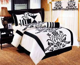 7pc King Queen Full Bedding Black / White Flock Satin Comforter Set 