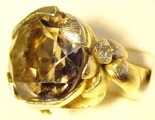 Vintage 12.35ctw Smoky Topaz & Diamond 14KT Solid Gold Ring ~ 6.5 