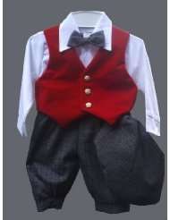 Toddler Red Velvet and Dark Gray Knicker 5 piece set with Suspenders 
