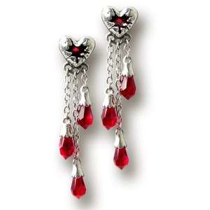   Pewter Red Swarovski Crystal Bleeding Heart Lover Dangle Earrings