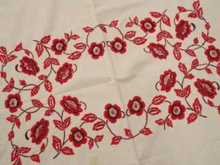 Vintage Antique EMBROIDERED REDWORK Tablecloth 58x45 Linen & Cotton 