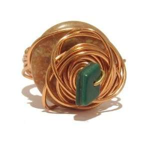   Ring 05 Size 7 Malachite Autumn Red Green Copper Wire Stone Jewelry