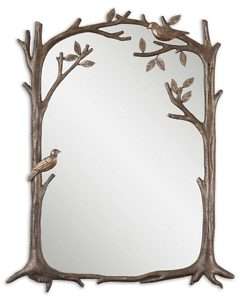 Bronze Finish Branch Leaf Bird Rectangle Wall Mirror  