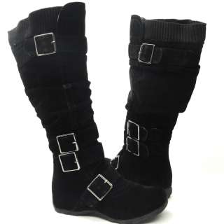 Black Flat Knee High Boots Adjustable Straps Suede Comfort Winter 