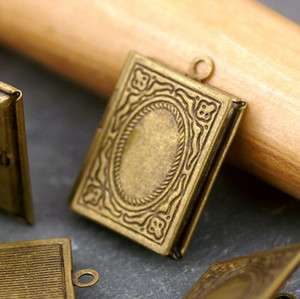 Antique Bronze Plated Brass Filigree Book Locket Pendant 19x26mm b74b 