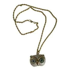  Retro CZ Owl Necklace on 28 Inch Chain Celebrity Silver 