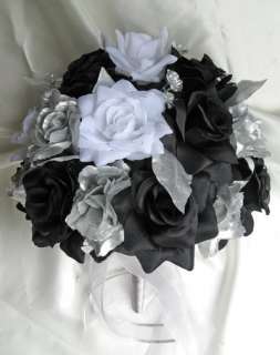 21pc ROUND bouquet wedding flower BLACK WHITE SILVER  