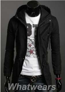 Mens Zip Up Hooded Slim Long Trench Coat Jacket 3 Color 4 Size Black 