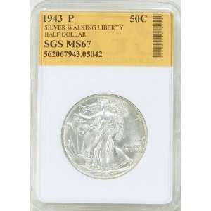  1943 P MS67 Silver Walking Liberty Half Dollar Graded by 
