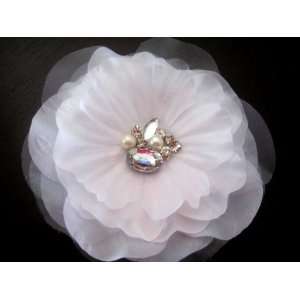 Wedding Bridal Hair White Organza Flower Fascinator Crystals Center