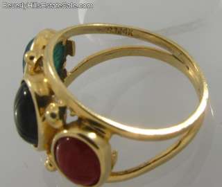 Vintage Multi Stone Carved Scarab 14k Gold Ring  