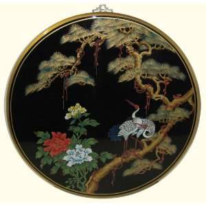24 inch Round Oriental wall panel hand painted in cranes design at 