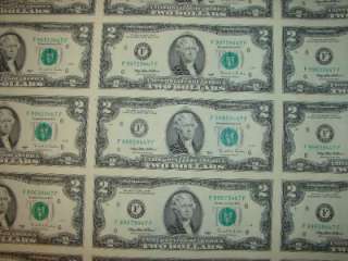 Uncut Uncirculated 1995 Two Dollar Bills 1 Sheet $2.00 US Bank Notes 