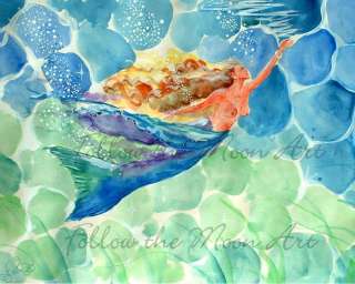 Pretty Blue & Golden Haired Mermaid Swimming Ocean Sea Water Art 