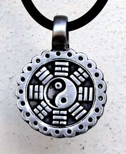 Taoism Chinese Yin Yang Wheel Pewter Pendant w Choker  