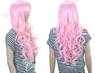 Beautiful Stylish Pink Long Wavy Curly Cosplay Party Hair Womens Full 