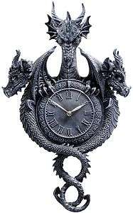 Tri Dragon Medieval Gothic Sculptural Roman Numeral Wall Clock  