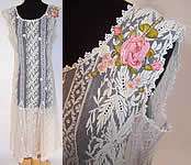 Vintage White Embroidered Net Lace Silk Rosette Ribbon Drop Waist 