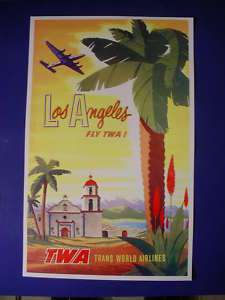 1950s Fly TWA Los Angeles Spanish Mission Flight Poster  