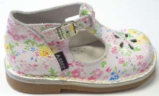 New Aster Bimbo Girls T Strap, White With Floral Print, Made in France 