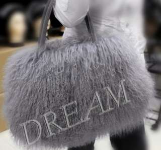 Real Genuine Lamb wool fur bag handbag Grey XL  
