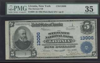 1902 STEWART NATIONAL BANK LIVONIA NY PMG 35 SN #1  