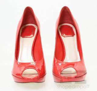 Christian Dior Red Orange Patent Leather Platform Peep Toe Heels Size 