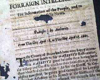 Rare 1661 NEWSBOOK Newspaper ANTIQUARIAN 17th Century   