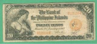 1912 TWENTY PESOS BANK OF PHILIPPINES ISLANDS B123138 